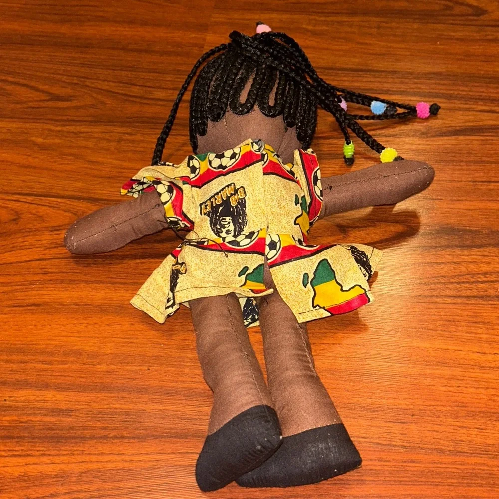 Handmade African Black Rag Doll w/Braids & Beads wearing a Bob Marley Dress 13”